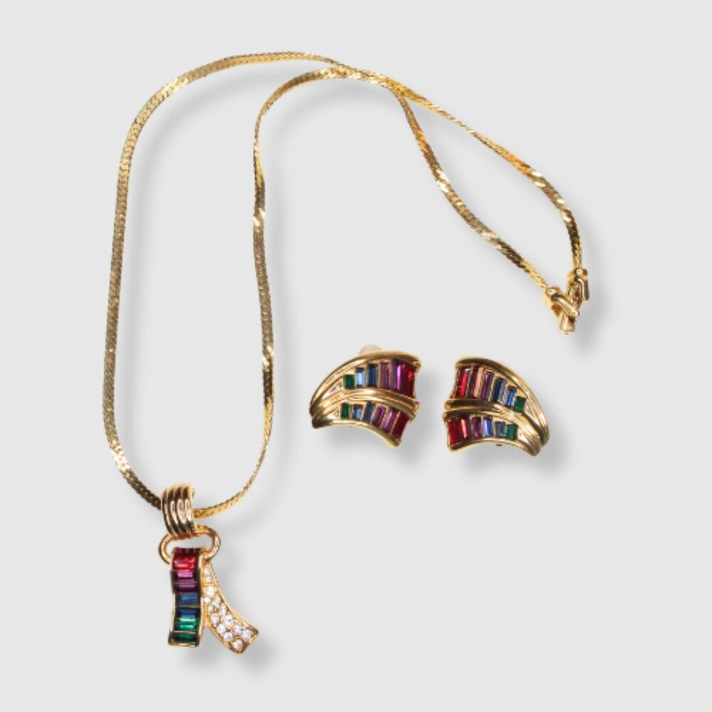 Vintage 1980s Swarovski Rainbow Gradient Baguette Necklace and Earring Set vtg